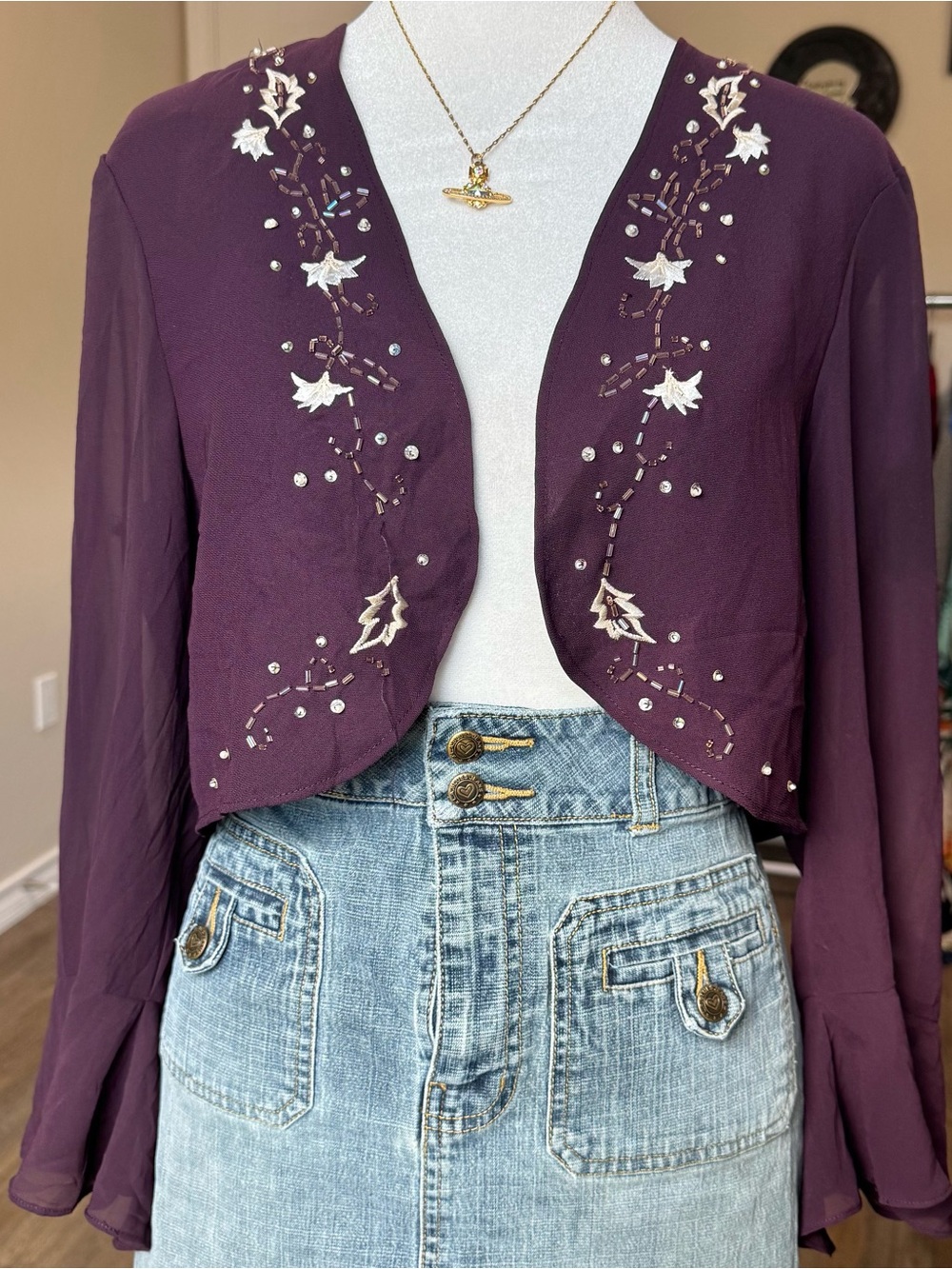 Purple Plum Beaded Fairy Western Cropped Flowy Women’s Medium Bolero Shawl